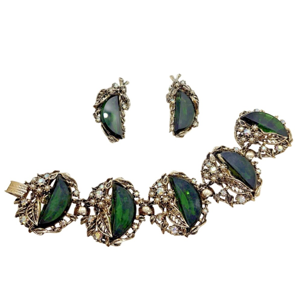 Vintage Pome Gold Tone Dark Green Faceted Glass Cabochon Bracelet & Earrings Set
